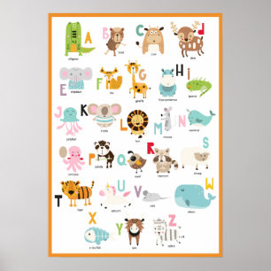 Bright Fun Colourful Orange Frame Animal Alphabet Poster
