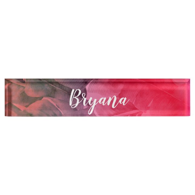 Bright Fun Pink Tropical Summer Palm Leaves Nameplate (Front)