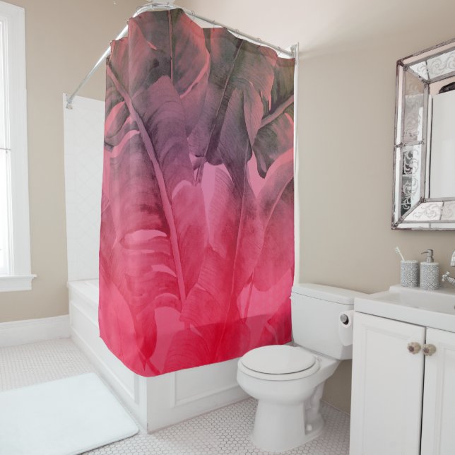 Bright Fun Pink Tropical Summer Palm Leaves Shower Curtain (In Situ)