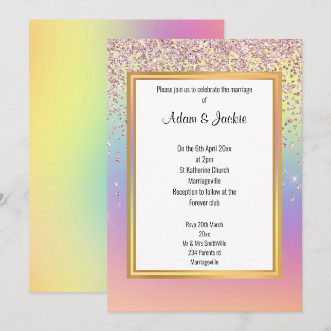 BRIGHT FUN RAINBOW SPARKLE WEDDING INVITATION (Front/Back)