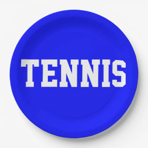 Bright Fun Royal Blue Athletic White TENNIS Text Paper Plate