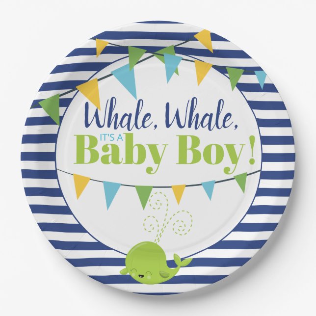 Bright Fun Typography Cute Whale Boy Baby Shower Paper Plate (Front)