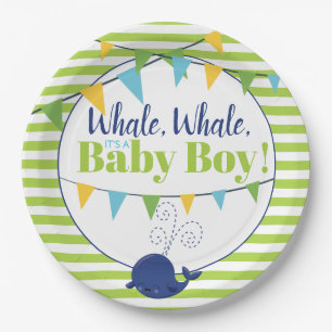 Bright Fun Typography Cute Whale Boy Baby Shower Paper Plate
