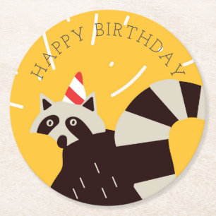 Bright Funky Happy Birthday Racoon Paper Plate Round Paper Coaster