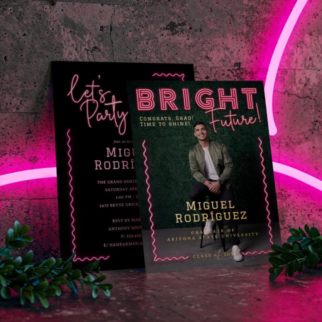 Bright Future Pink Neon Grad Photo Graduation (Bright Future Pink Neon Grad Photo Graduation Foil Invitation)