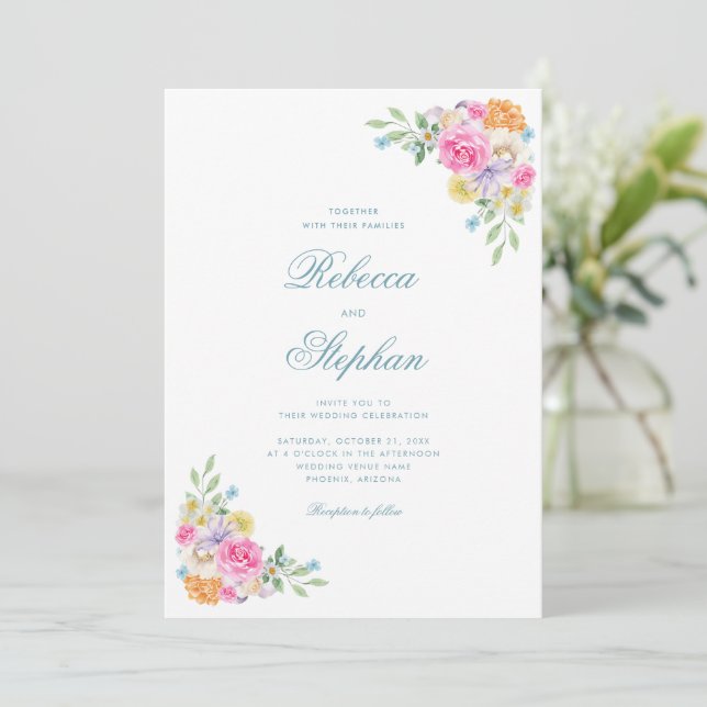 Bright Garden Floral Party Watercolor Wedding Invitation (Standing Front)
