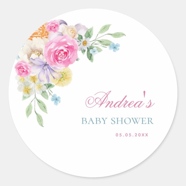 Bright Garden Floral Spring Summer Baby Shower Classic Round Sticker (Front)