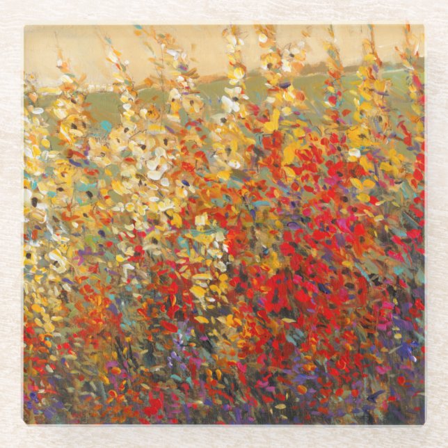 Bright Garden Mural of Spring Wildflowers Glass Coaster (Front)