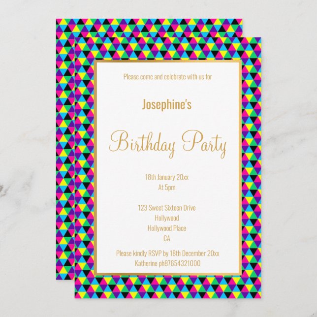 BRIGHT GEOMETRIC PATTERN GOLD CUSTOM BIRTHDAY INVITATION (Front/Back)