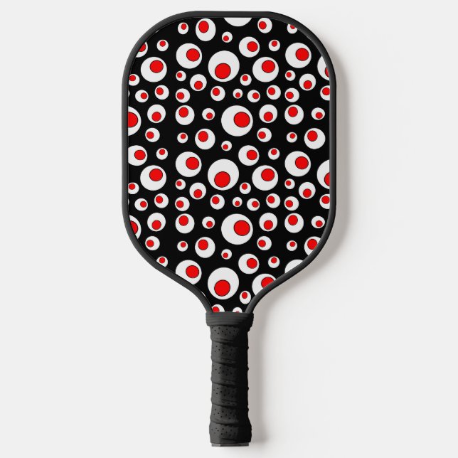 Bright Geometric Patterns Red White Circles Black Pickleball Paddle (Front)