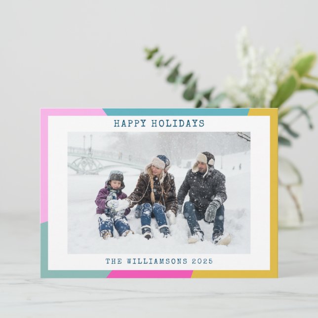 Bright Geometric Sunburst Shapes Hot Pink Photo Holiday Card (Standing Front)