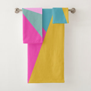 Bright Geometric Sunburst Shapes Hot Pink Yellow Bath Towel Set