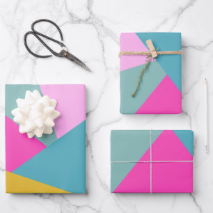 Bright Geometric Sunburst Shapes Hot Pink Yellow Wrapping Paper Sheet