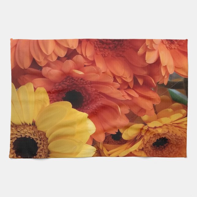 Bright Gerbera Flowers, Orange Yellow, Flora Tea Towel (Horizontal)