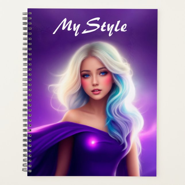 Bright girl purple neon lady trendy beautiful art planner (Front)