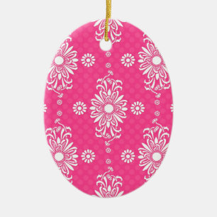 Bright Girly Pink and White Floral Pattern Ceramic Tree Decoration