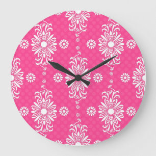 Bright Girly Pink and White Floral Pattern Large Clock