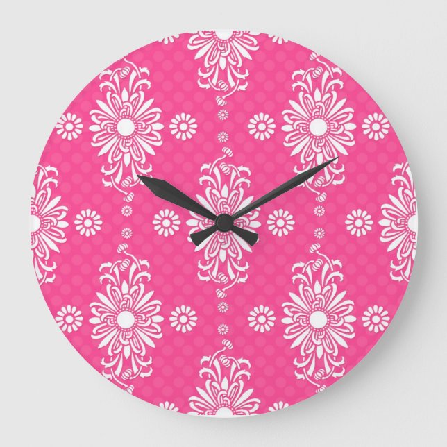 Bright Girly Pink and White Floral Pattern Large Clock (Front)