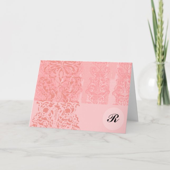 Bright Girly Pink Damask Monogram Initial Note- Thank You Card (Front)