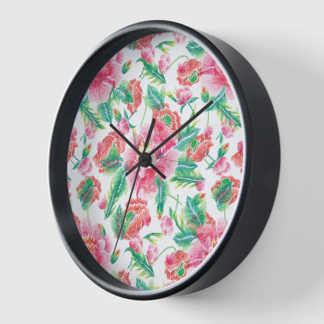 Bright Girly Pink Flowers Pattern Clock (Angle)