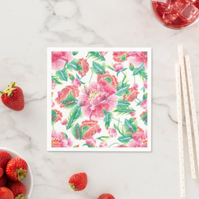 Bright Girly Pink Flowers Pattern Napkin (Insitu)
