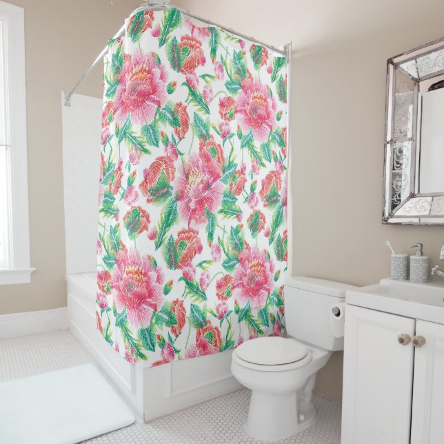 Bright Girly Pink Flowers Pattern Shower Curtain (In Situ)