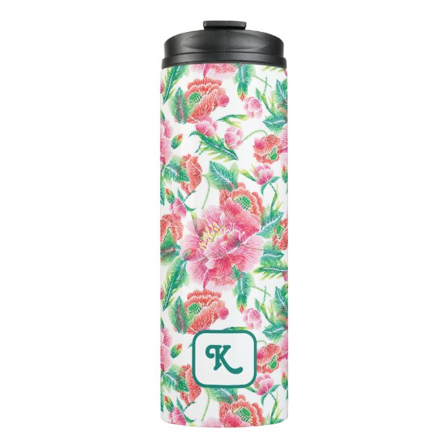 Bright Girly Pink Flowers Pattern Thermal Tumbler (Front)