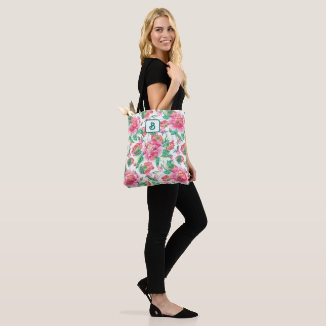 Bright Girly Pink Flowers Pattern Tote Bag (On Model)