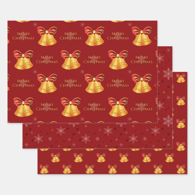 Bright Gold Bells and Red Snowflakes Christmas Wrapping Paper Sheet (Set)