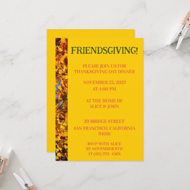 Bright Gold Leaves Thanksgiving Friends Giving Invitation (Front/Back In Situ)