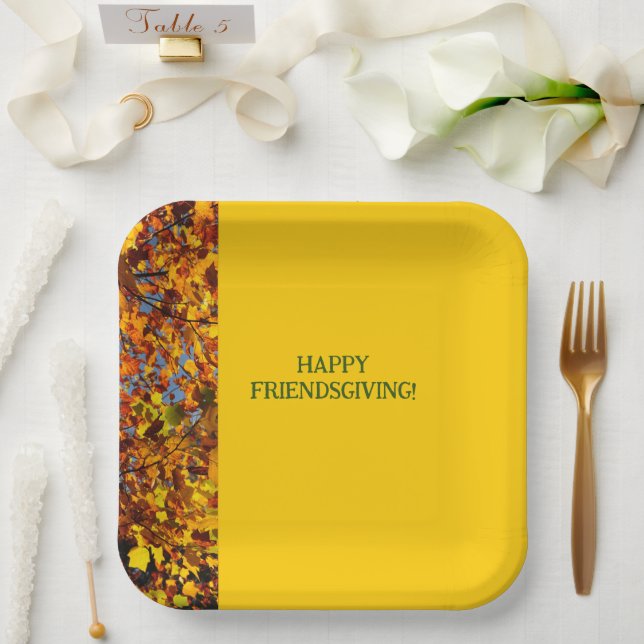 Bright Gold Leaves Thanksgiving Friendsgiving Paper Plate (Wedding)
