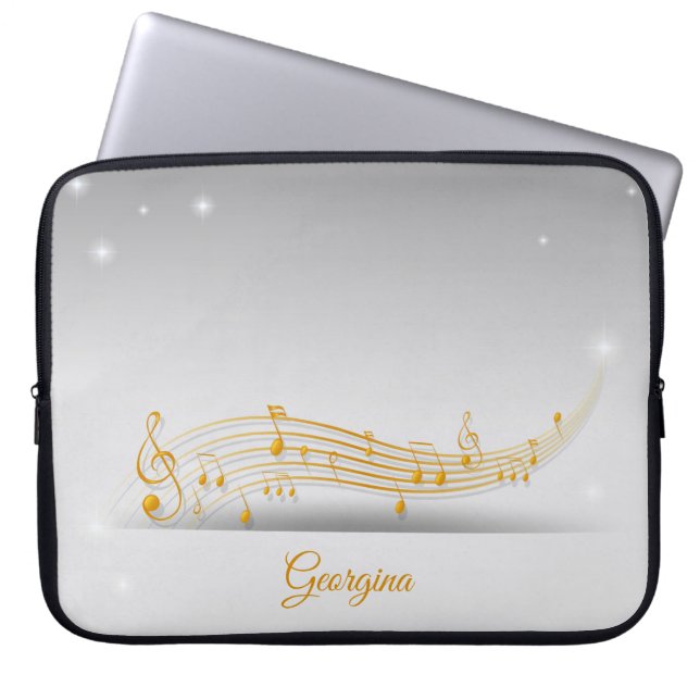 Bright Gold Music Notes with Custom Name Laptop Sleeve (Front)