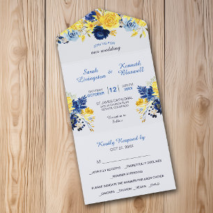 Bright Gold Navy Blue Floral Bouquet Wedding All In One Invitation