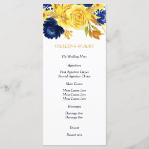 Bright Gold Navy Blue Floral Wedding Menu