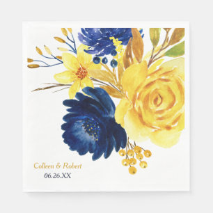Bright Gold Navy Blue Floral Wedding Napkin