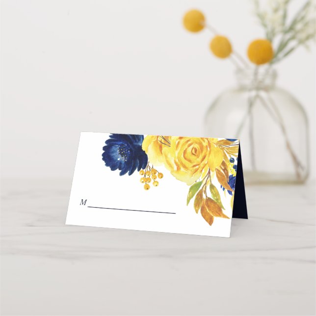 Bright Gold Navy Blue Floral Wedding Place Card (Front)