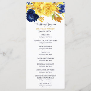 Bright Gold Navy Blue Floral Wedding Program Programme