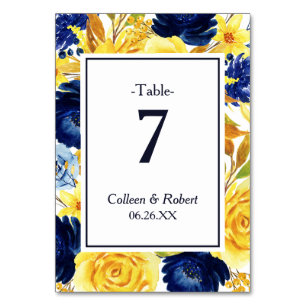 Bright Gold Navy Blue Floral Wedding Table Card