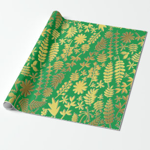 Bright Gold & Silver Christmas Tree Pattern Green Wrapping Paper