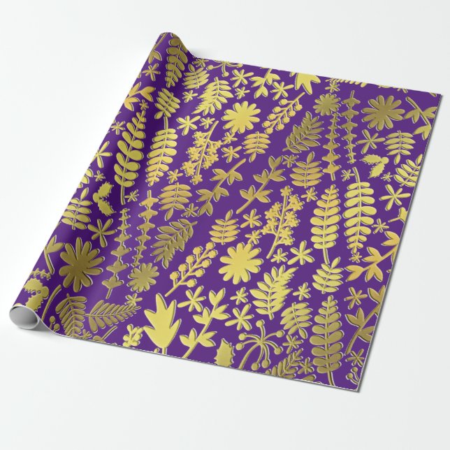 Bright Gold & Silver Christmas Tree Pattern purple Wrapping Paper (Unrolled)
