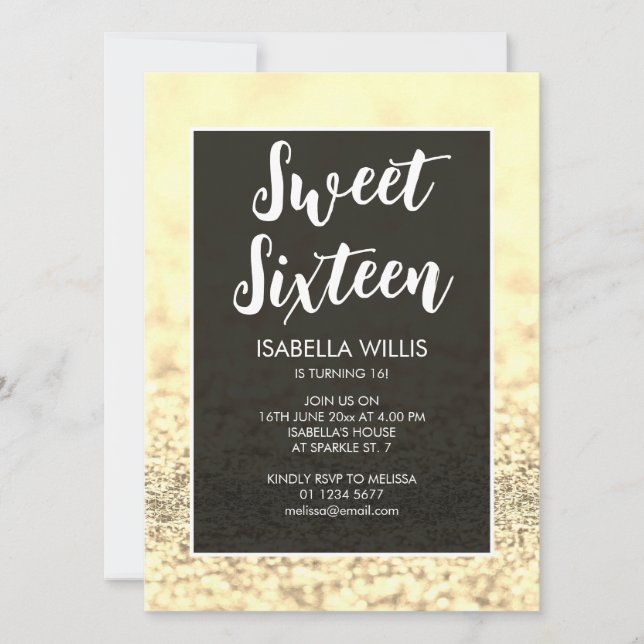Bright gold sparkles bling Sweet 16 elegant script Invitation (Front)
