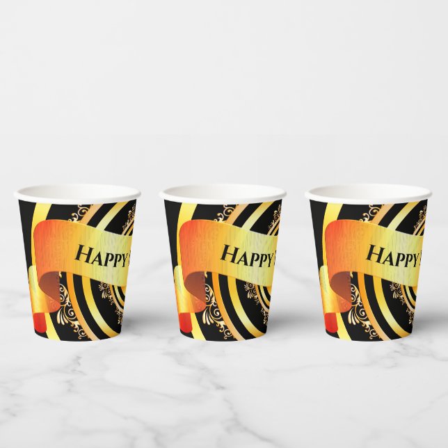 Bright Gold Stylish Embellished Happy Birthday Paper Cups (Multi)