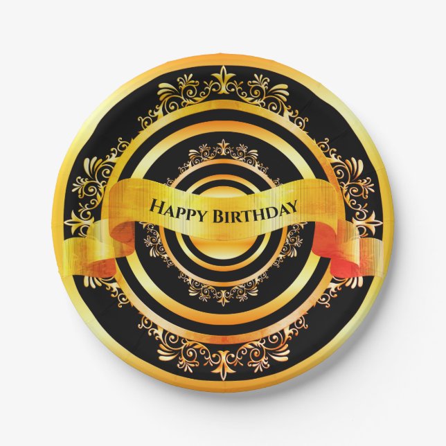 Bright Gold Stylish Embellished Happy Birthday Paper Plate (Front)