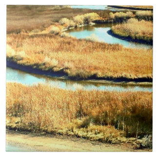 Bright Gold Sunrise over Water and Beach Photo Tile