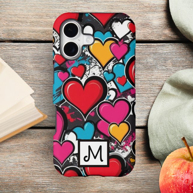Bright Graffiti Hearts Modern Cool Monogrammed (A cool monogrammed phone cover with graffiti hearts design in a modern street art style)