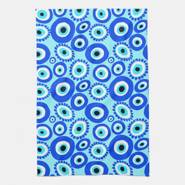 Bright Greek Eye Pattern on Aqua Blue Tea Towel (Vertical)