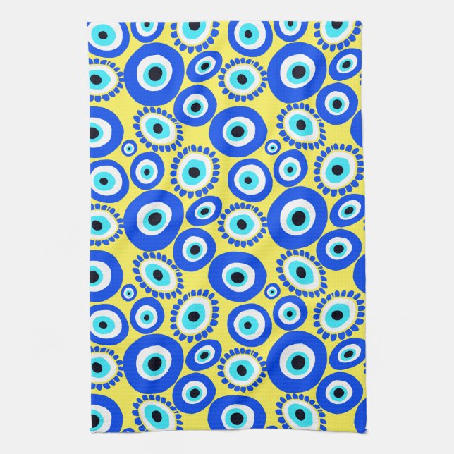 Bright Greek Eye Pattern on Yellow Tea Towel (Vertical)