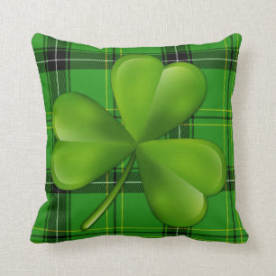 Bright Green 3-leaf Clover on Plaid Tartan Cushion