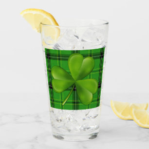 Bright Green 3-leaf Clover on Plaid Tartan Glass