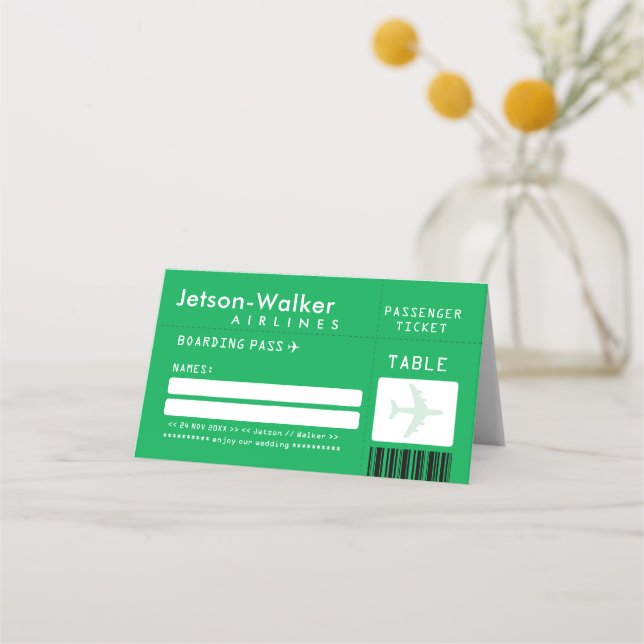 Bright Green Airline Ticket Guest Wedding Seating Place Card (Front)